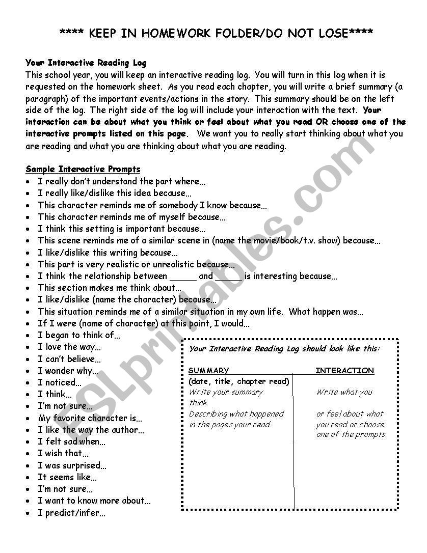 Interactive Reading Log worksheet