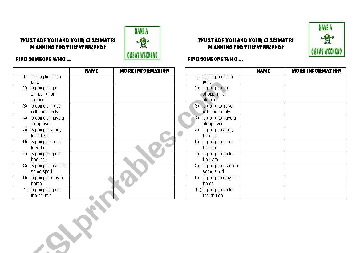 Weekend plans worksheet