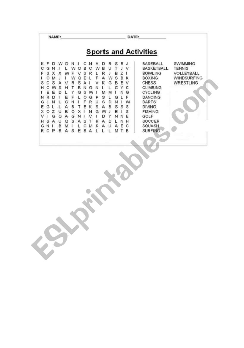 Sports Word Search worksheet