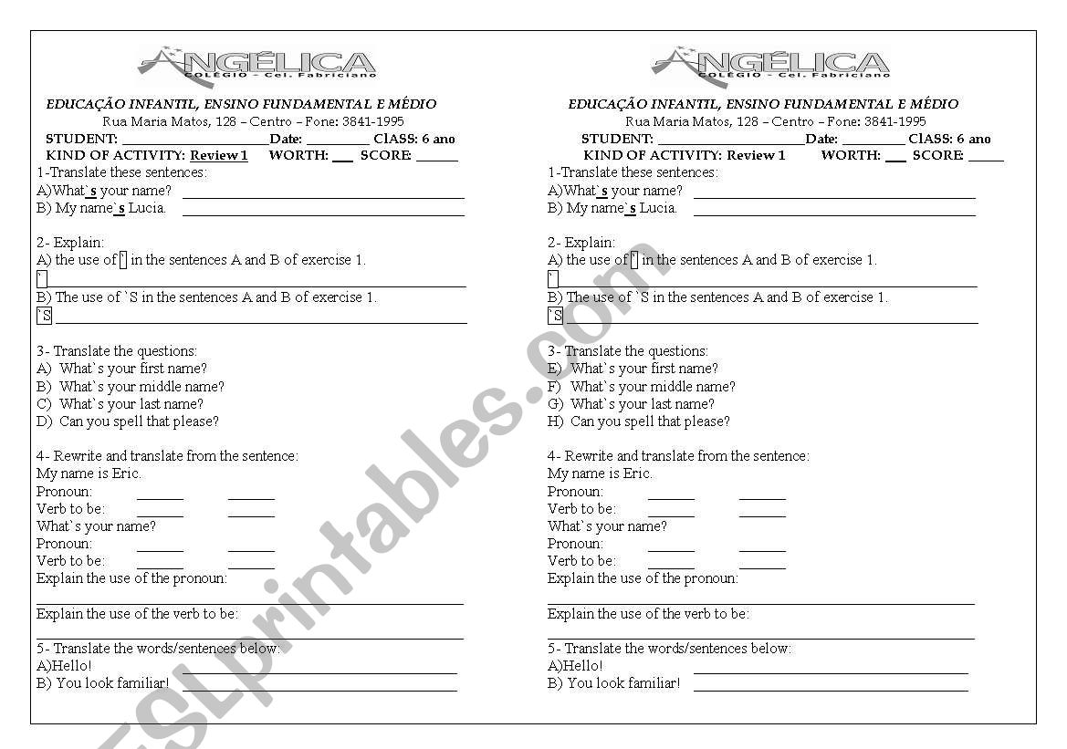 TEST - 6TH GRADE - INTRODUCTION TO ENGLISH LANGUAGE