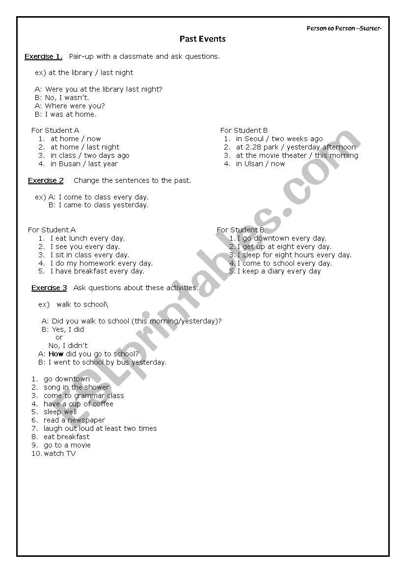 Past events worksheet