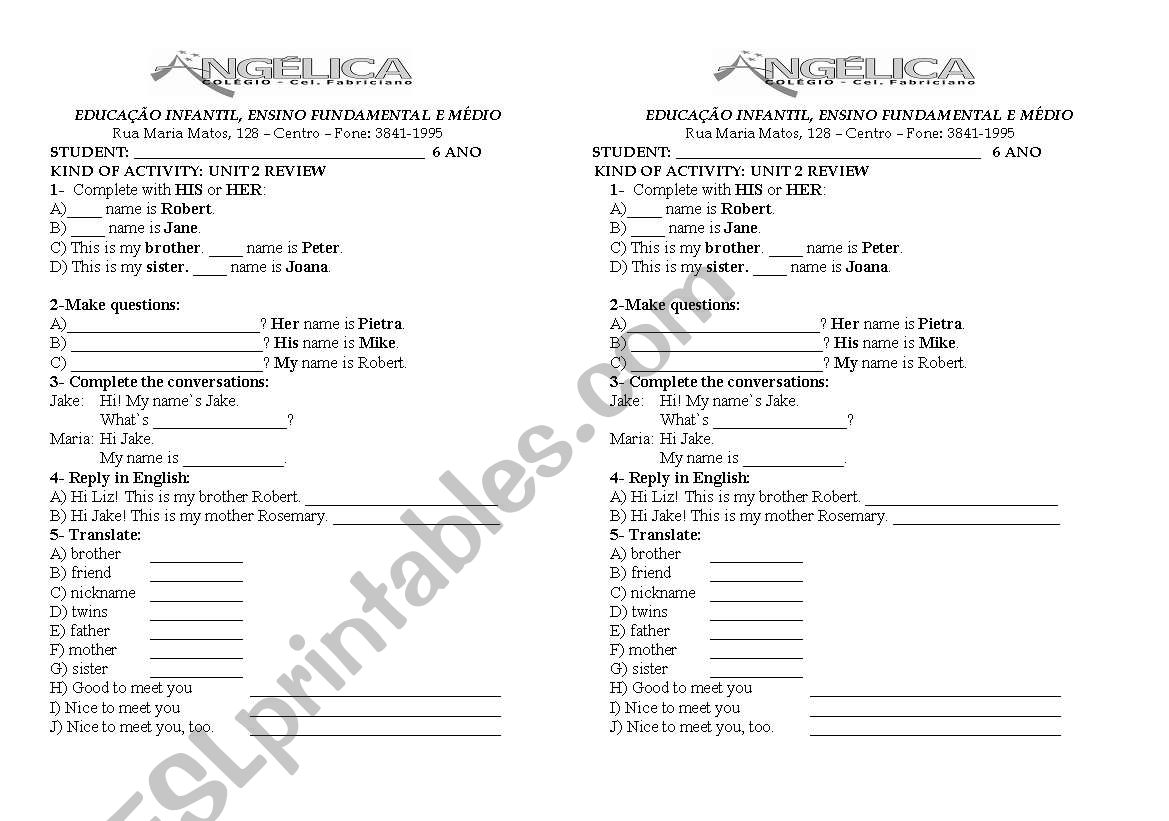 TEST 6 TH GRADE - INTRODUCTION TO ENGLISH LANGUAGE - SECOND REVIEW