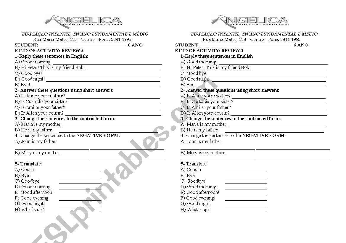 TEST 6 TH GRADE - INTRODUCTION TO ENGLISH LANGUAGE THIRD PART