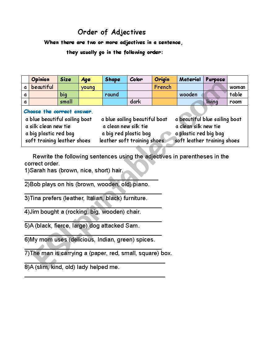 Adjective order worksheet