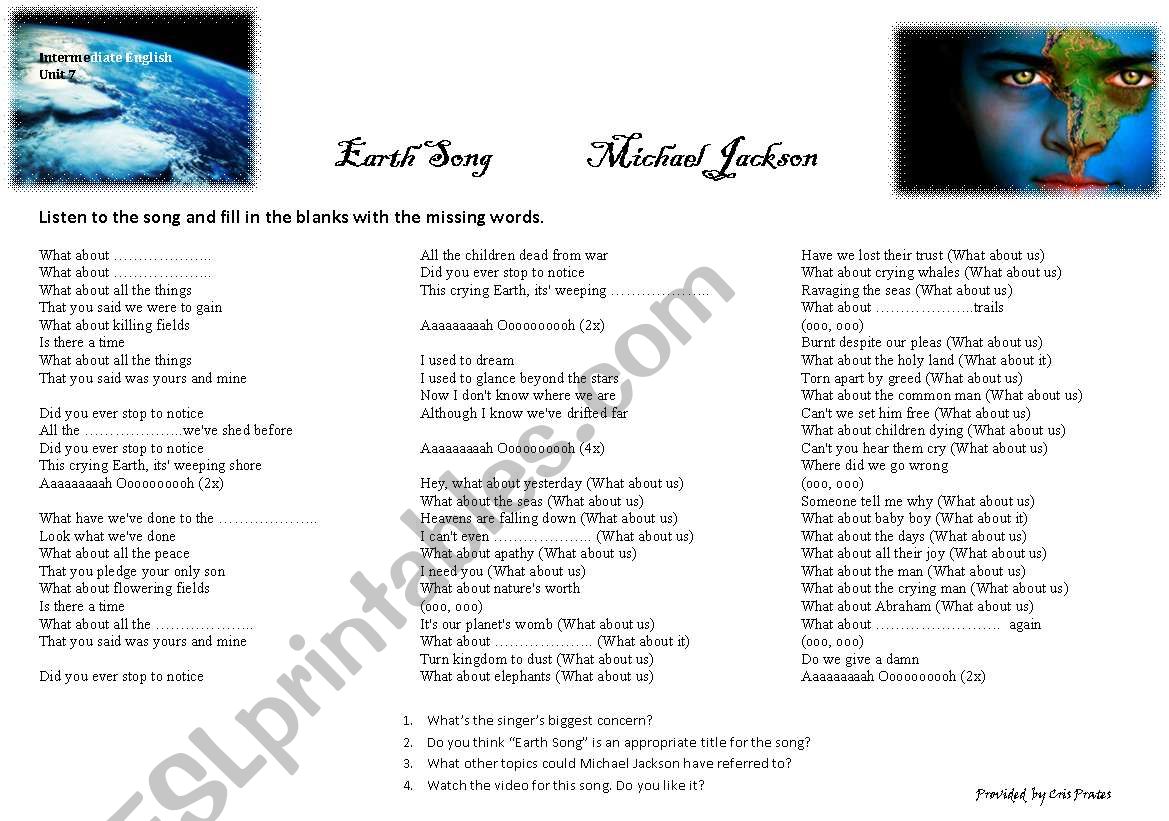 Earth Song - Michael Jackson worksheet