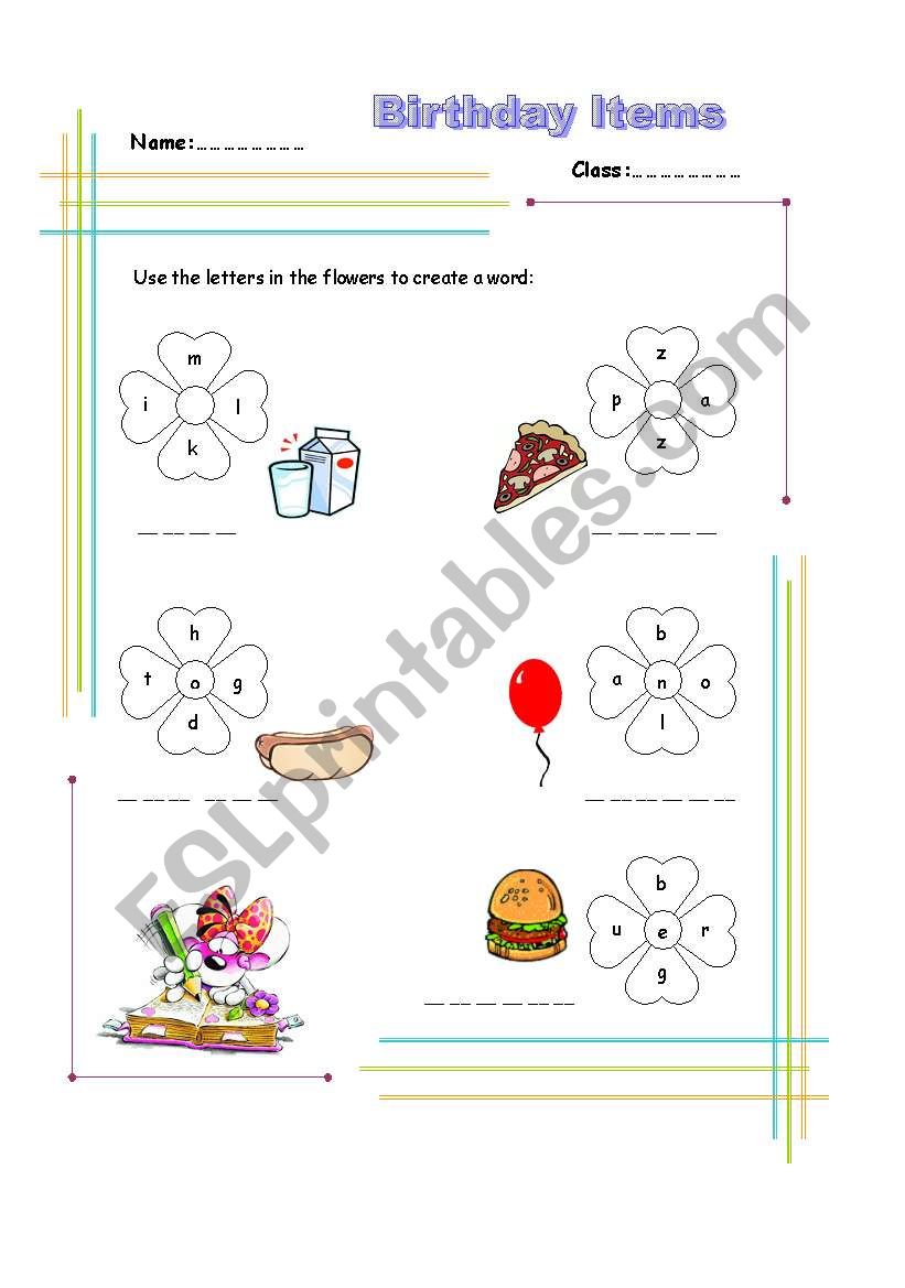 Birthday Items worksheet