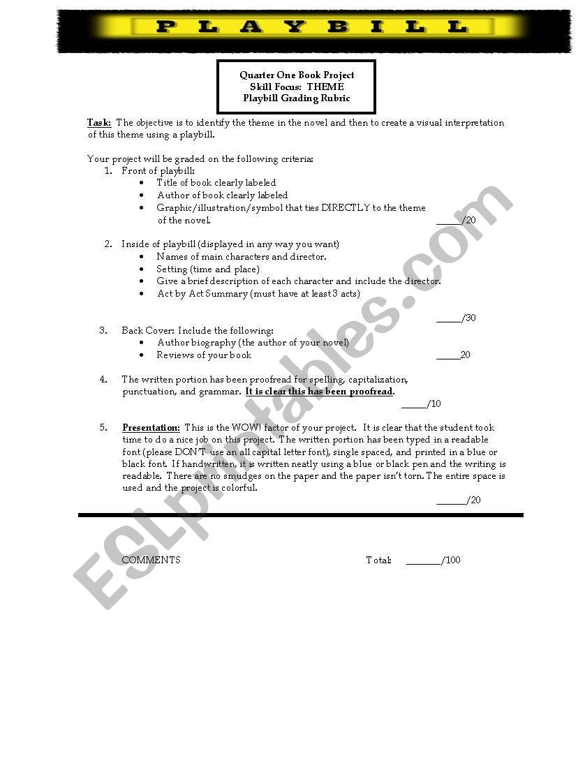 Playbill Book Project worksheet