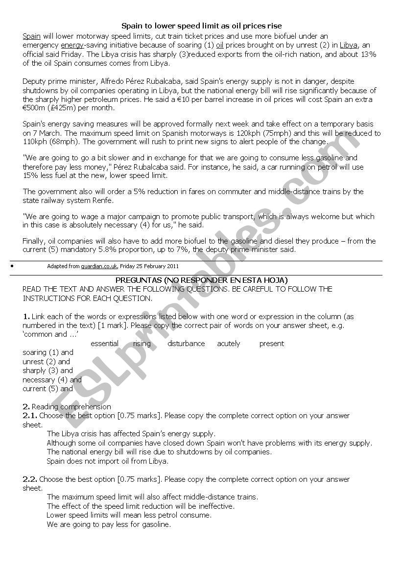 New speed limits in Spain worksheet