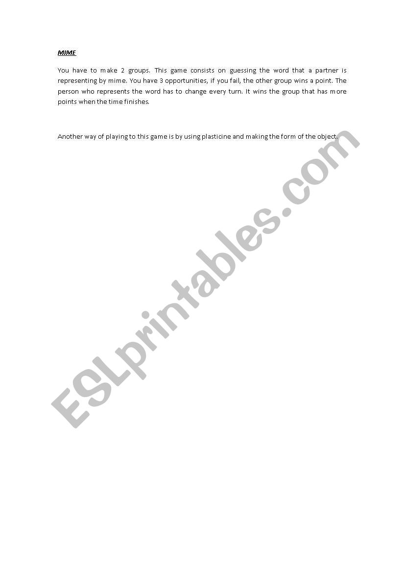 A mime game worksheet