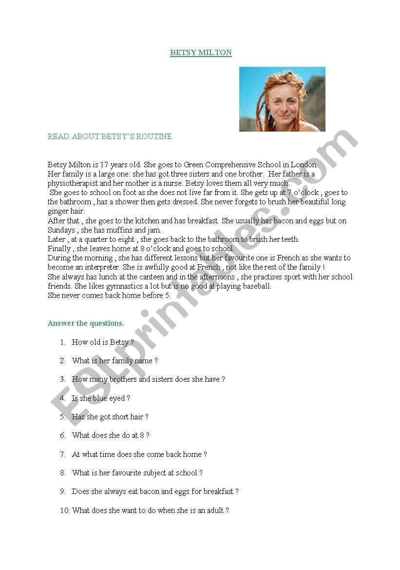 BETSY MILTONS ROUTINE worksheet