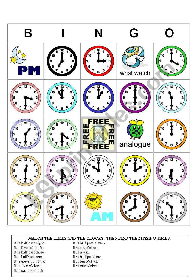 time bingo worksheet