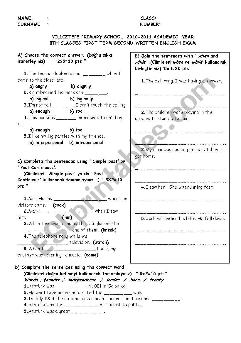 exam worksheet