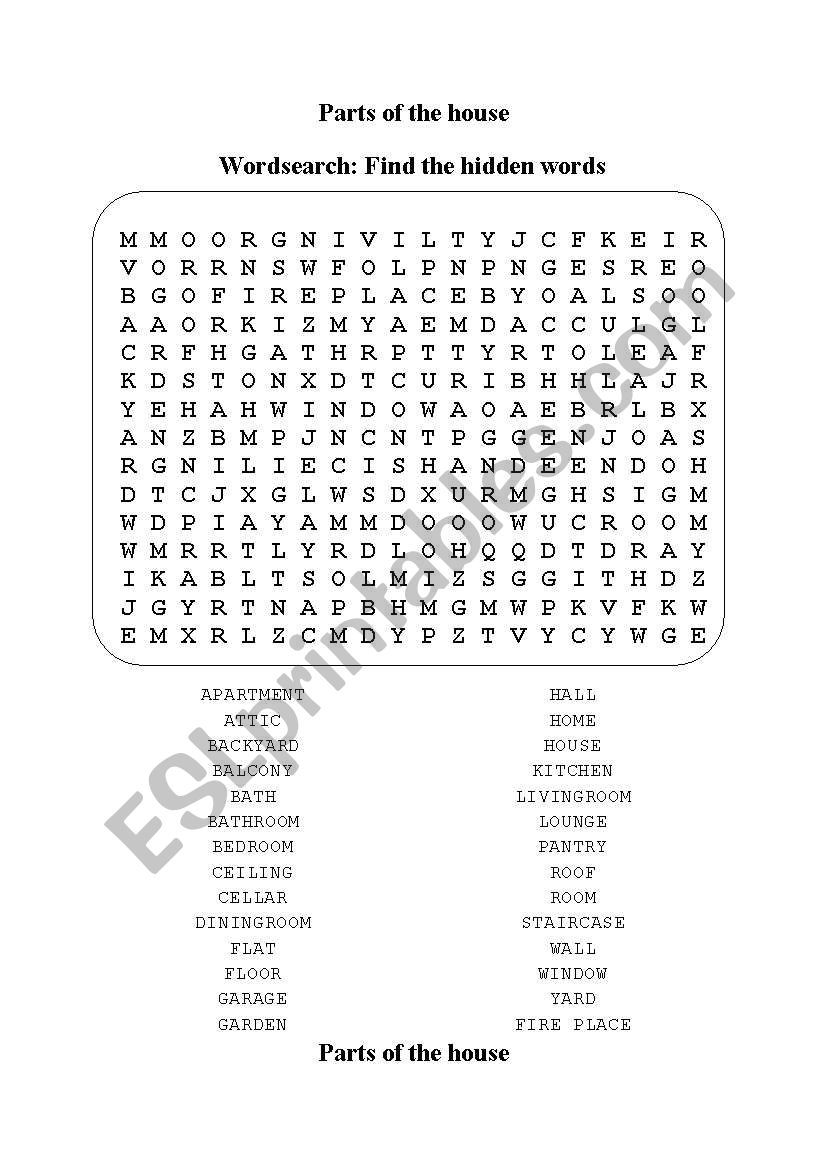 PARTS OF THE HOUSE: WORDSEARCH