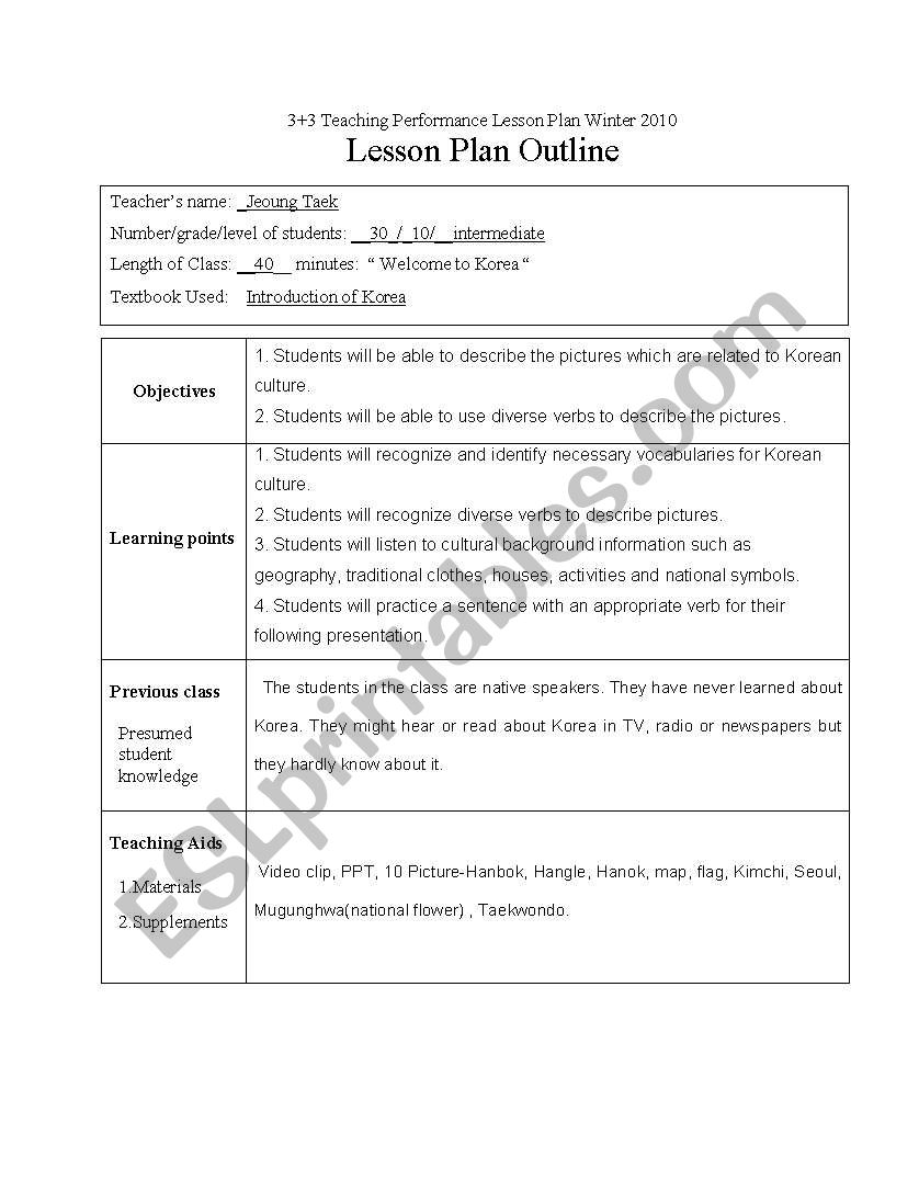 Introduction of Korea worksheet