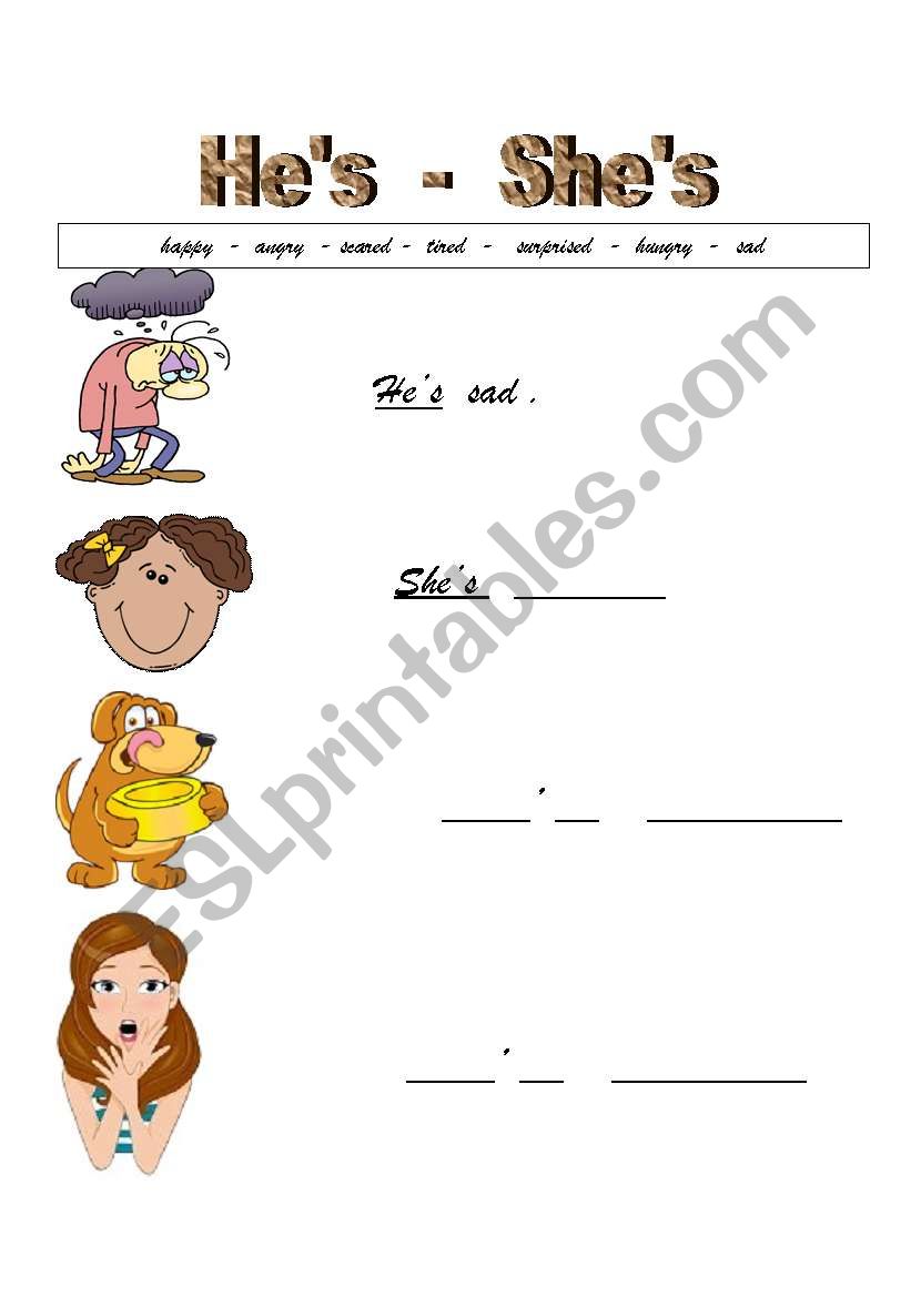 FEELINGS WITH   HE AND SHE worksheet