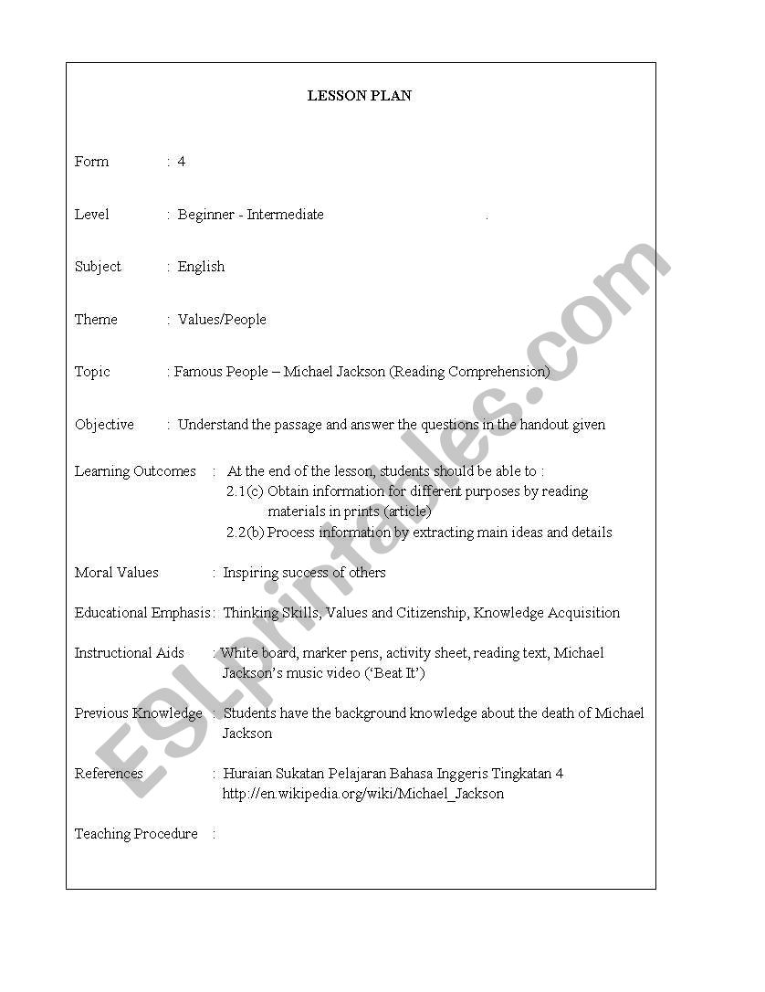 michael jackson worksheet