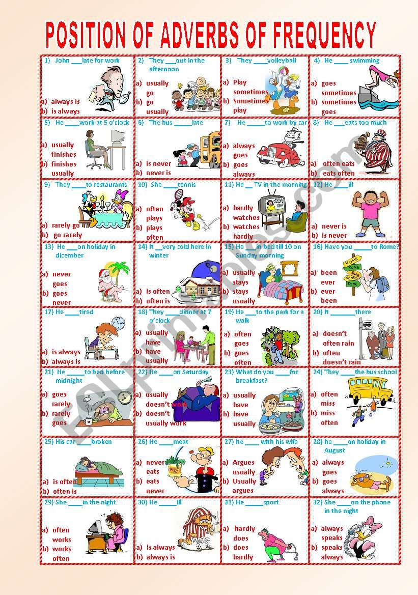 POSITION OF ADVERBS OF FREQUENCY MULTIPLE CHOICE ESL Worksheet By Saladinos