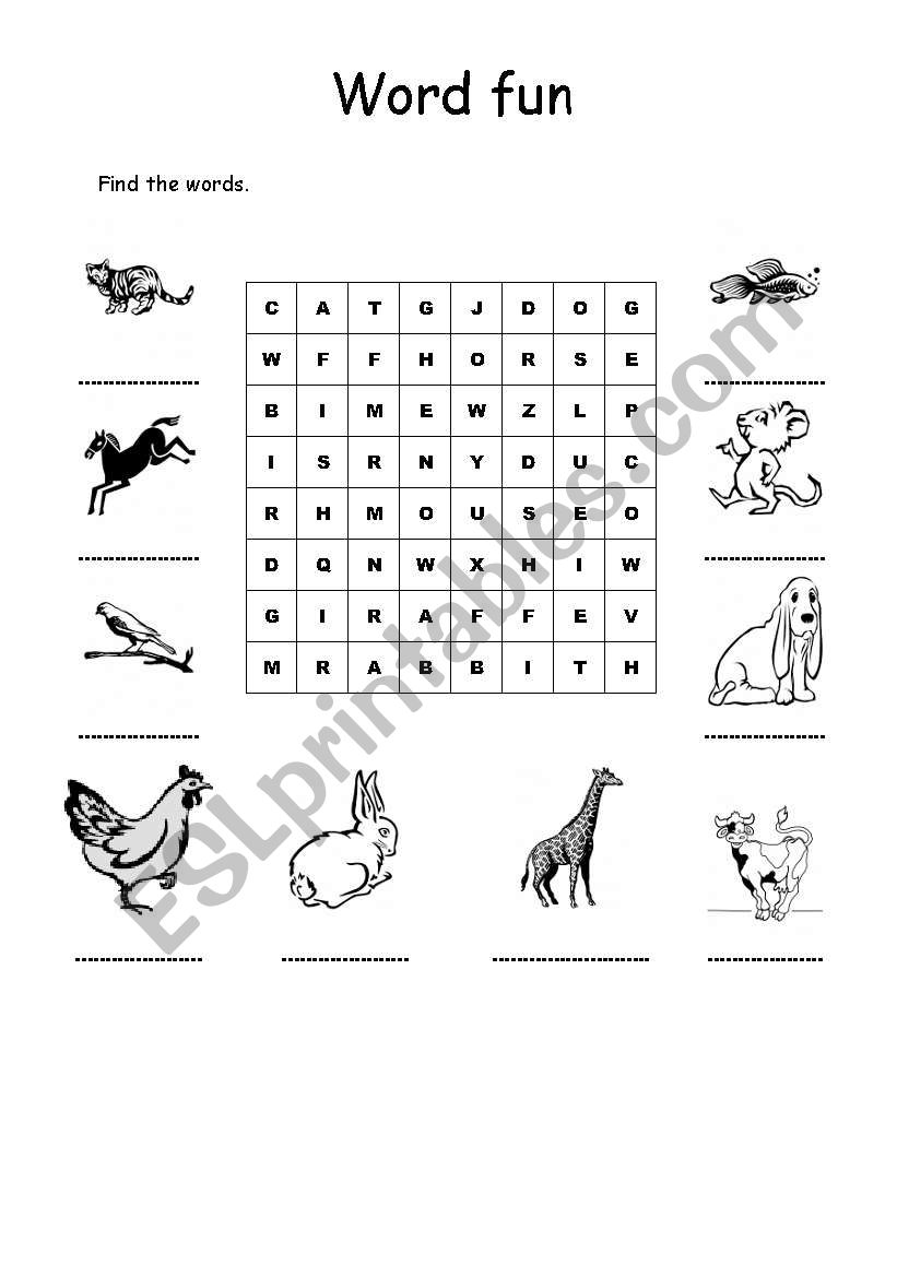 Animals Word Soup worksheet