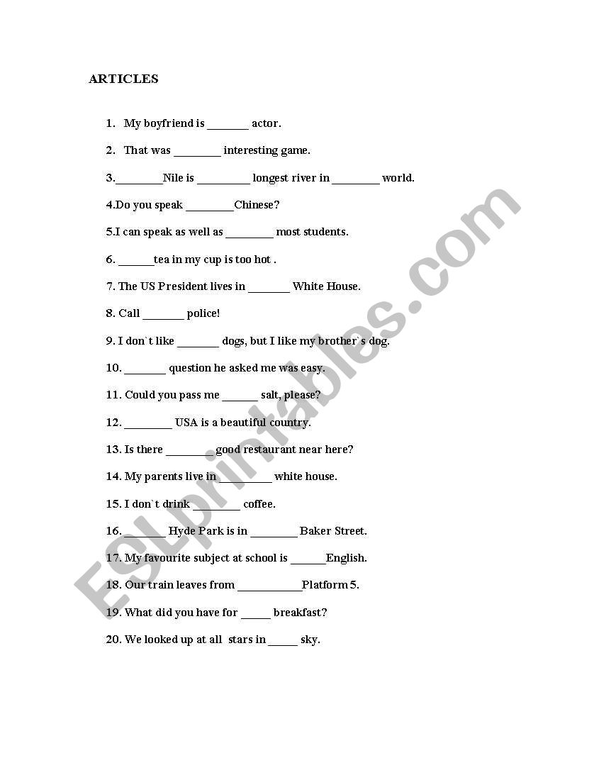 Articles worksheet