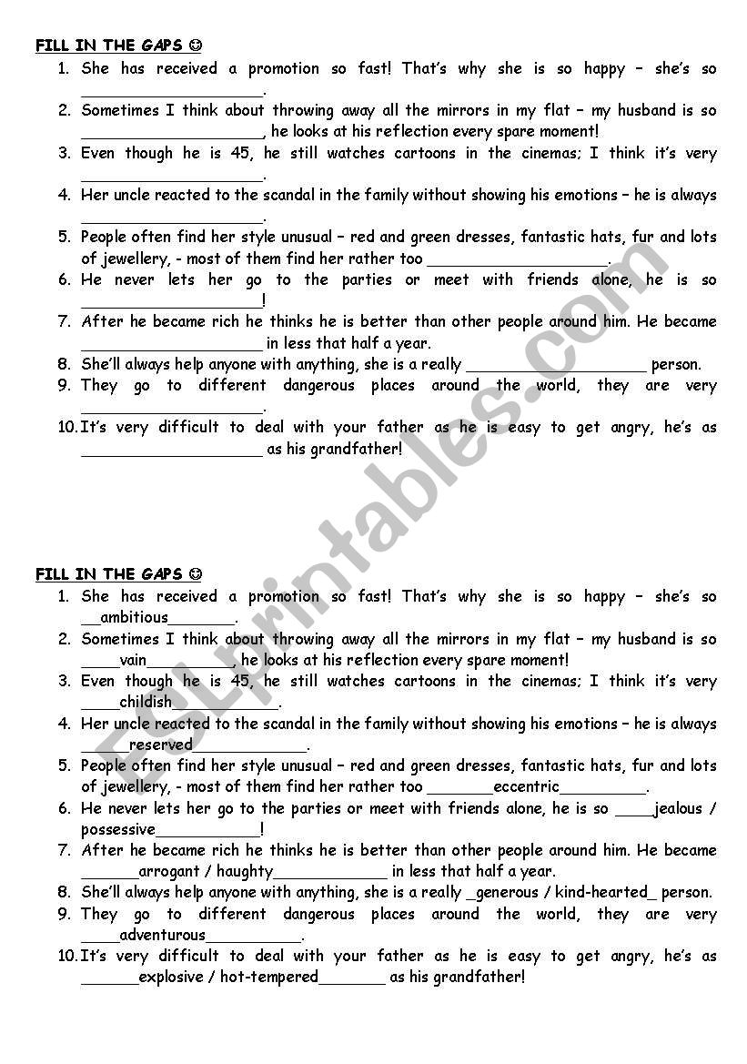 Personality gap-filling worksheet