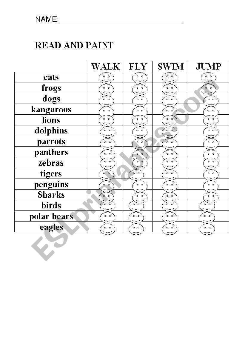 English worksheets: Animals (fly, walk, swim and jump)