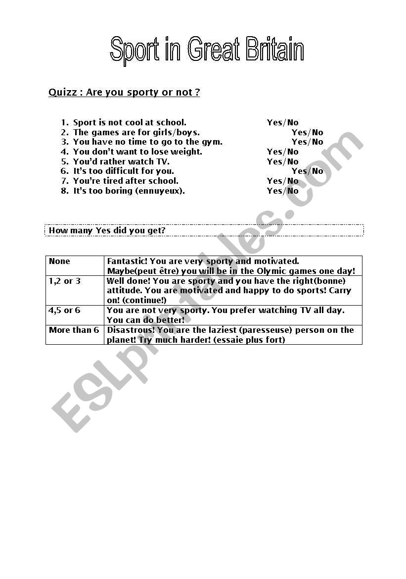 quizz : are you sporty? worksheet