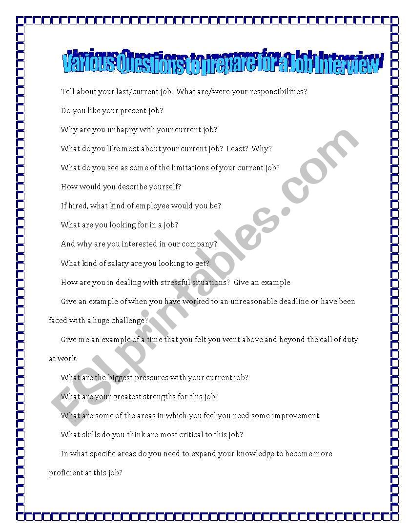 Various questions for a Job Interview