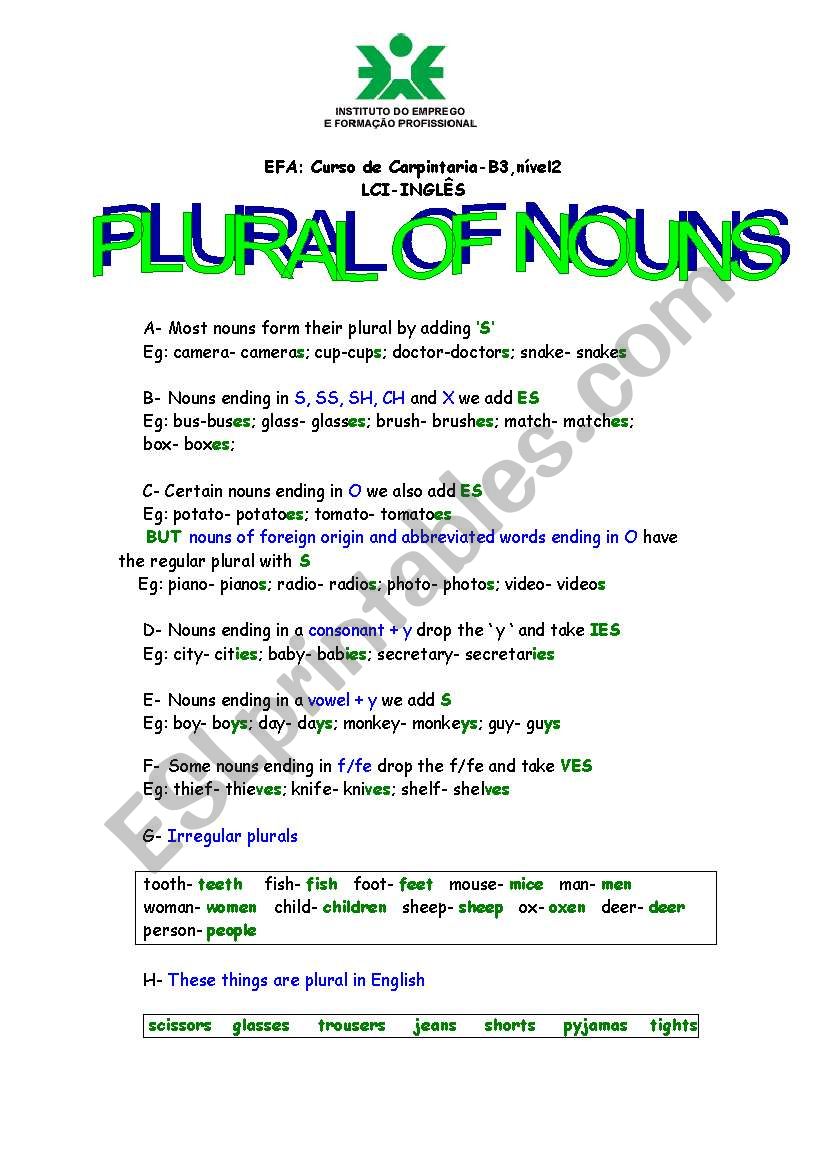 plural of nouns- rules worksheet