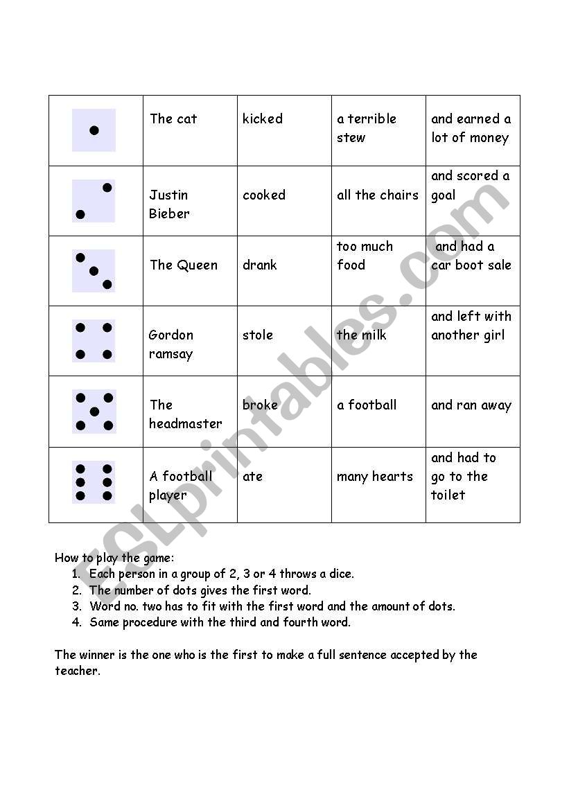 Dice game worksheet