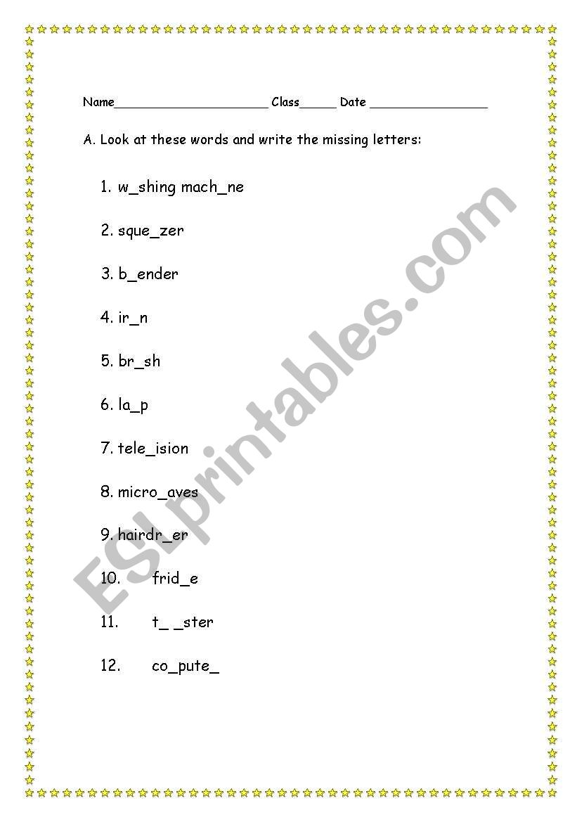 Spelling - household objects worksheet