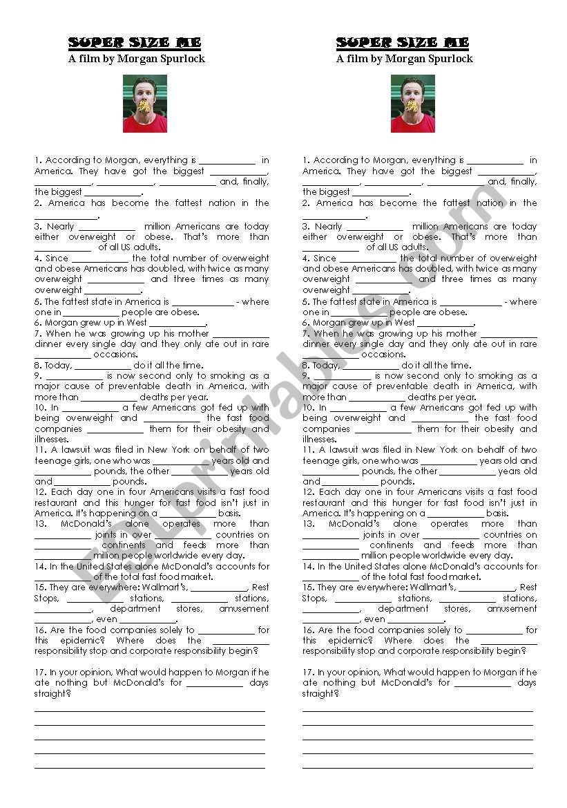 SUPER SIZE ME- INTRODUCTION worksheet