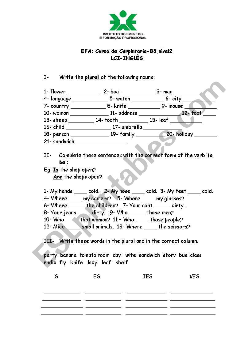 plural of nouns-exercises worksheet