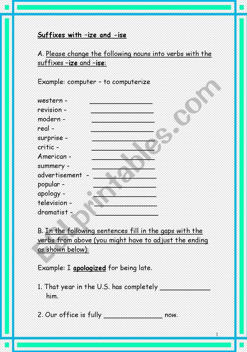 Verbs Ending Ise Or Ize Worksheet