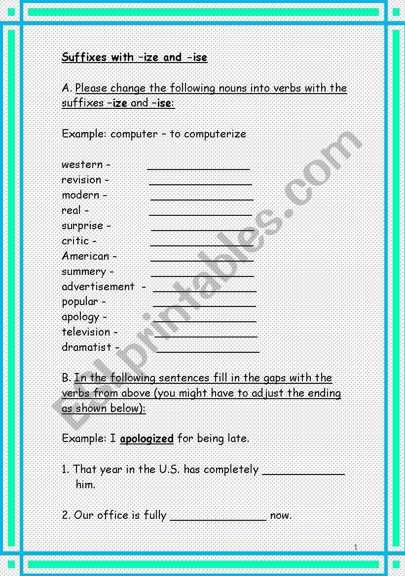 English Worksheets Verbs With The Suffixes ize ise