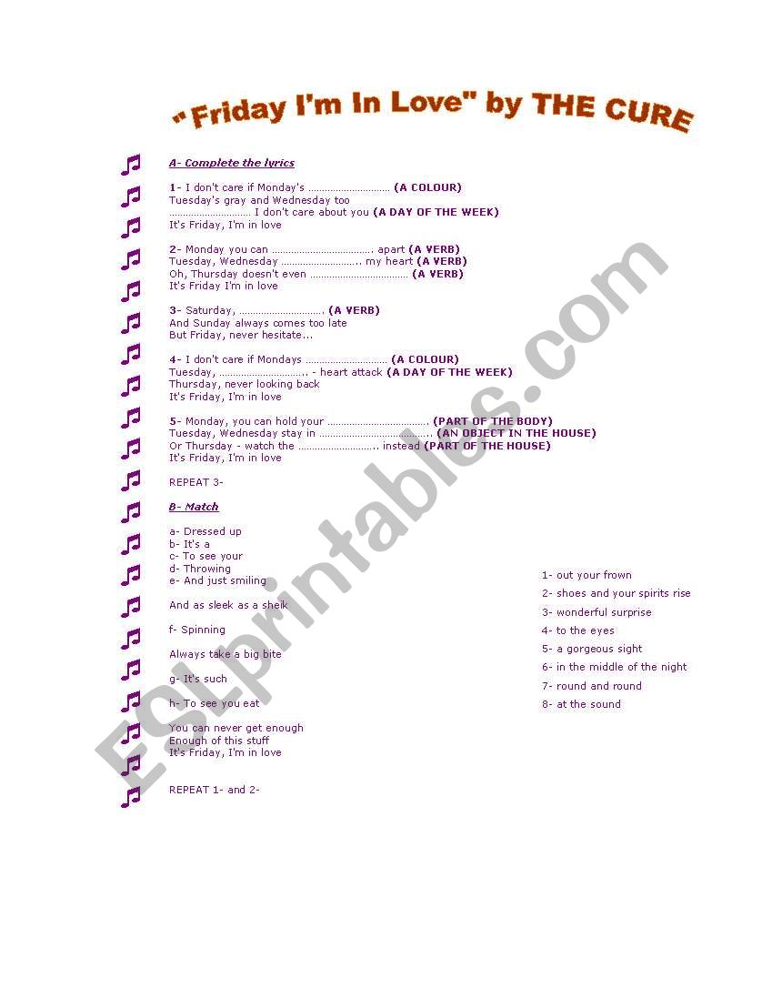 The Cure: Friday Im in love worksheet