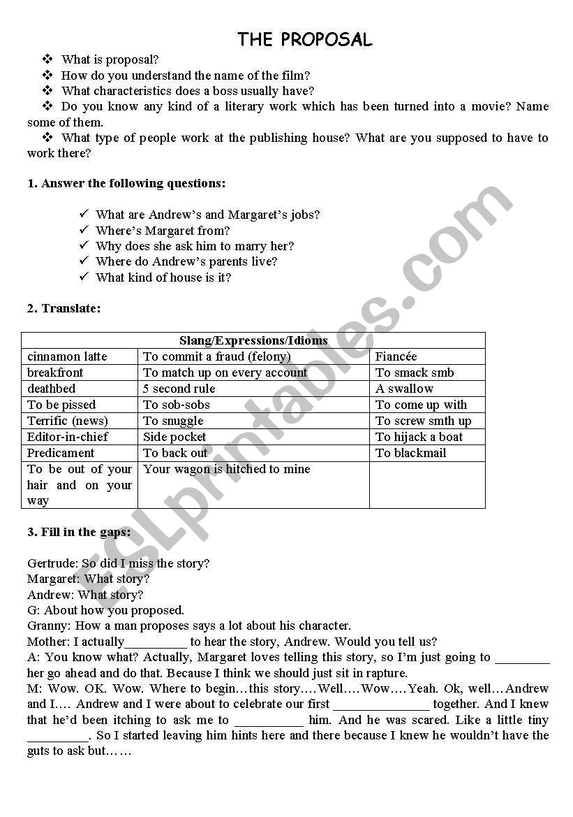 The Proposal Movie Worksheet worksheet