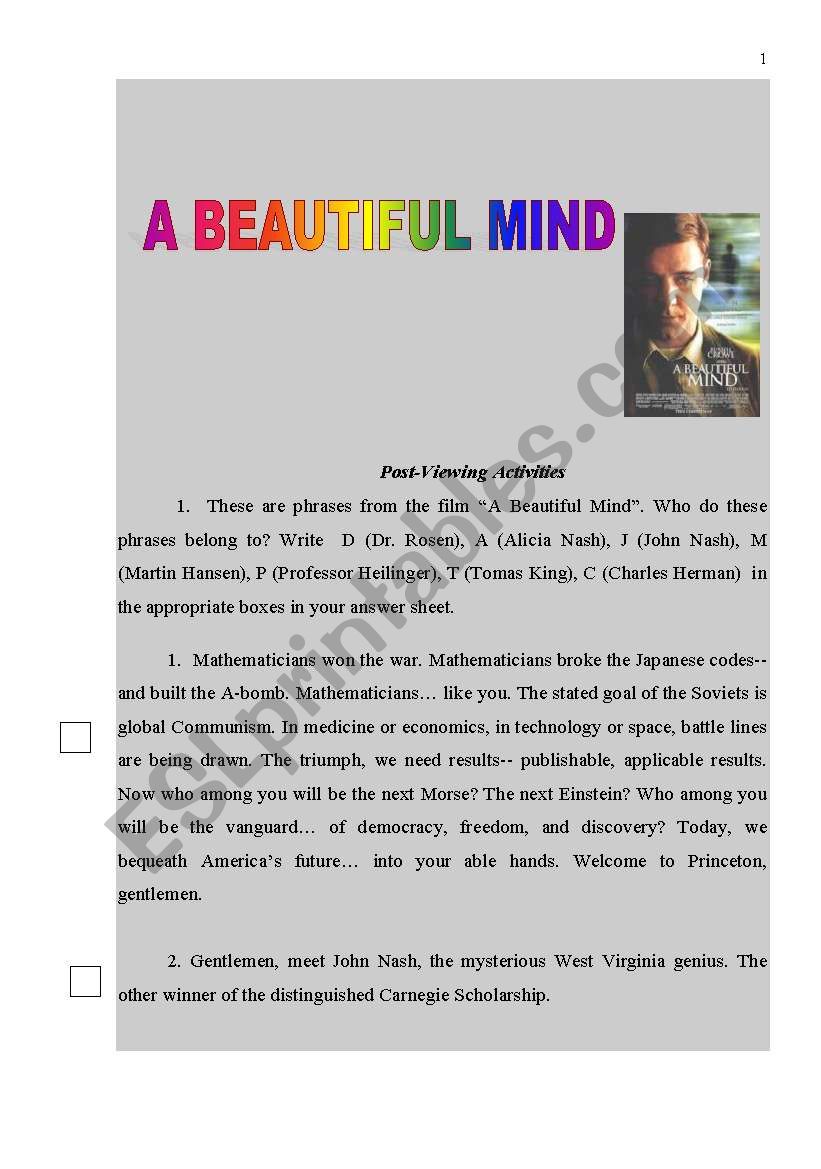 A BEAUTIFUL MIND MOVIE WORKSHEET (PART 2). POST VIEWING ACTIVITY