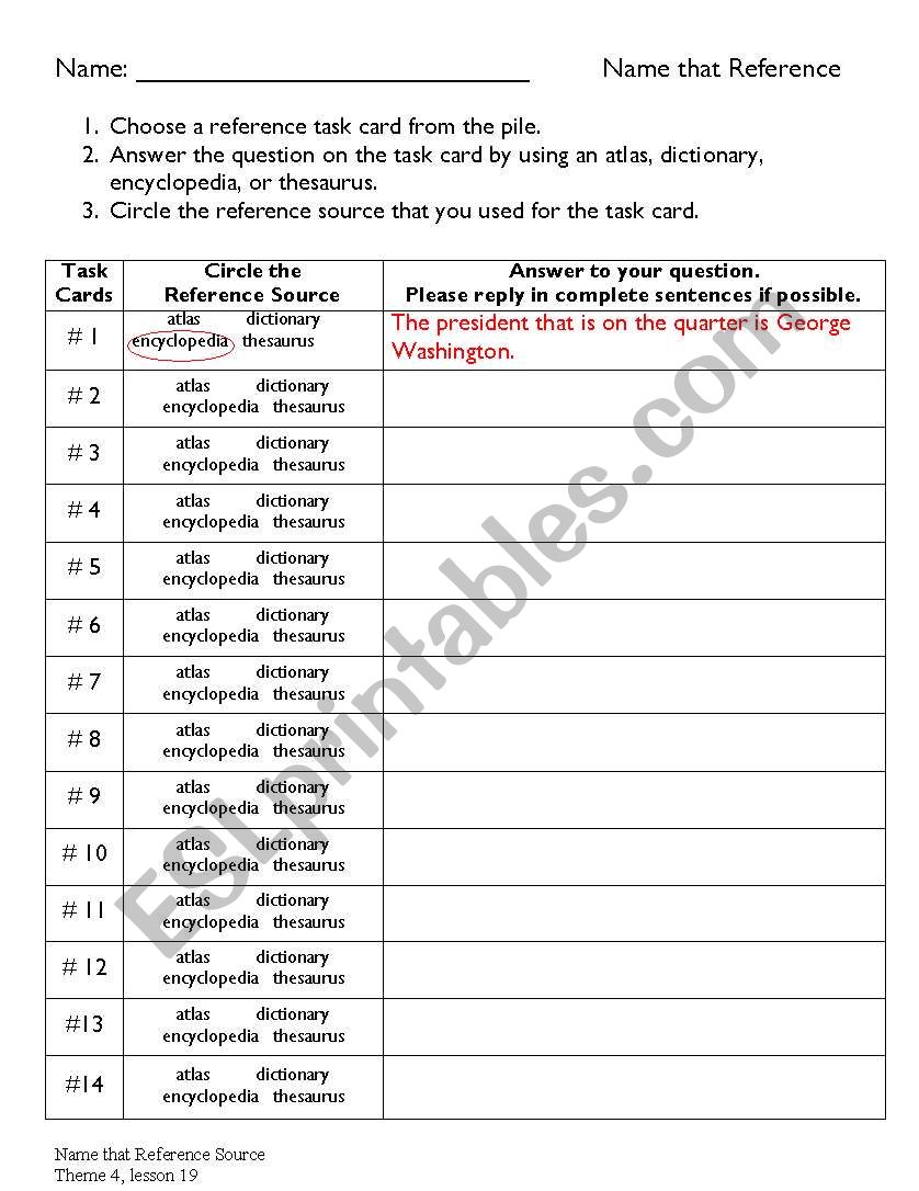 Task Card Record Sheet worksheet