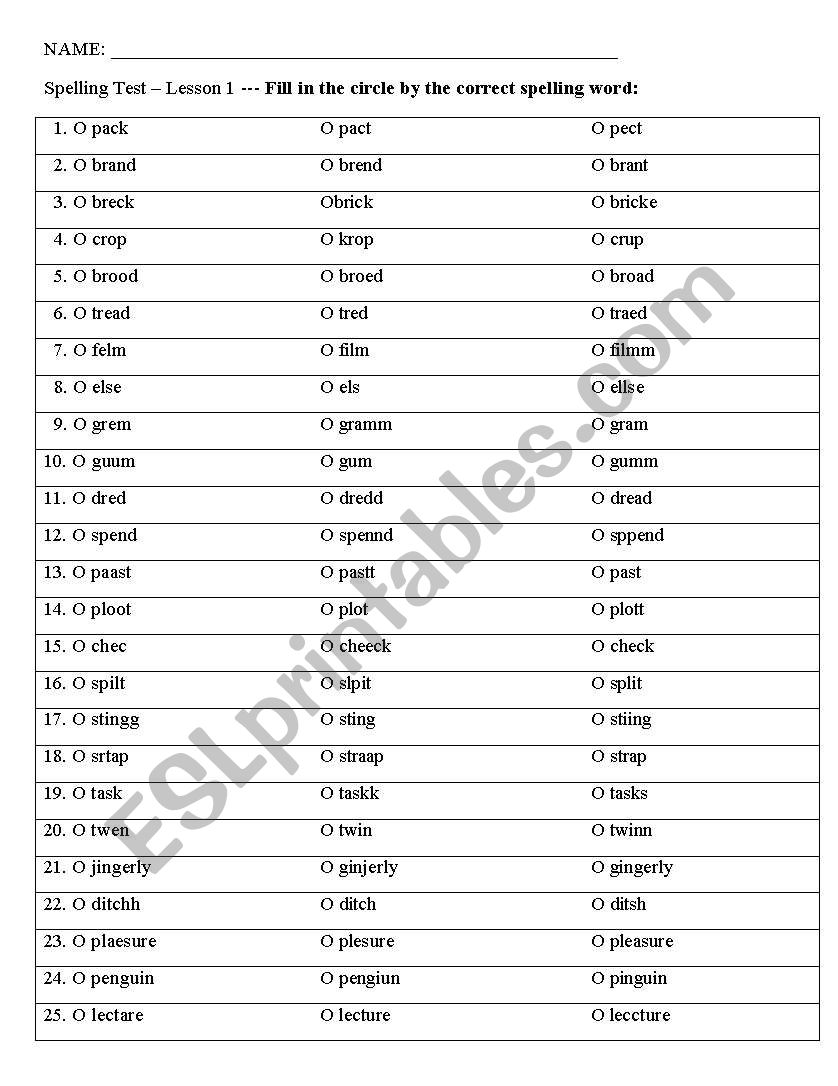Spelling Test worksheet