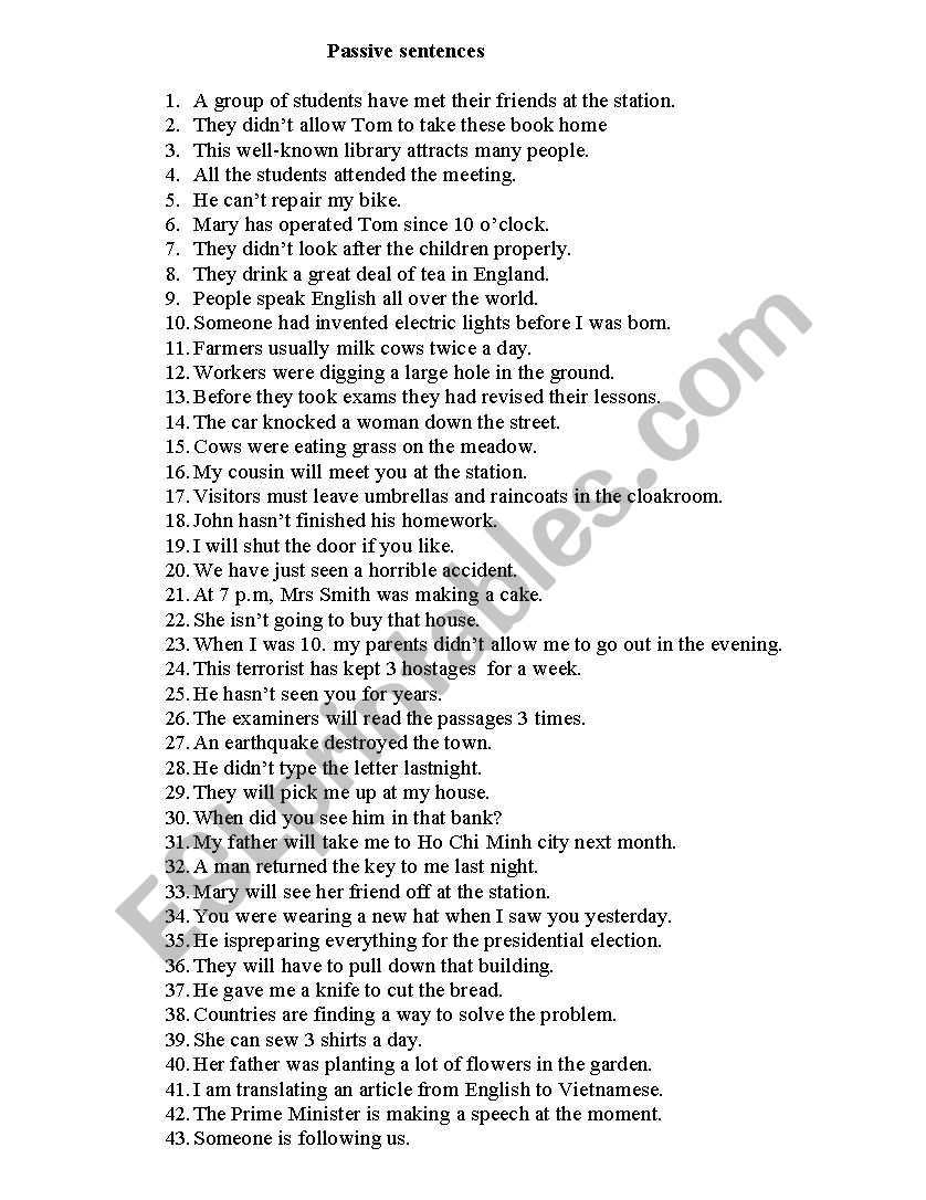 passives sentences worksheet