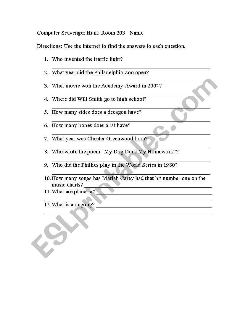Computer/ Internet Scavenger Hunt