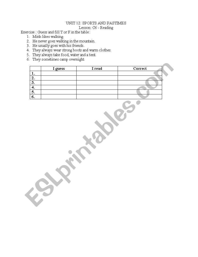 reading T or F  worksheet