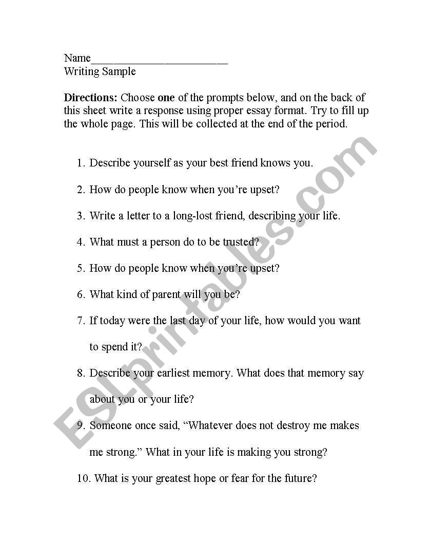 Writing Samples worksheet