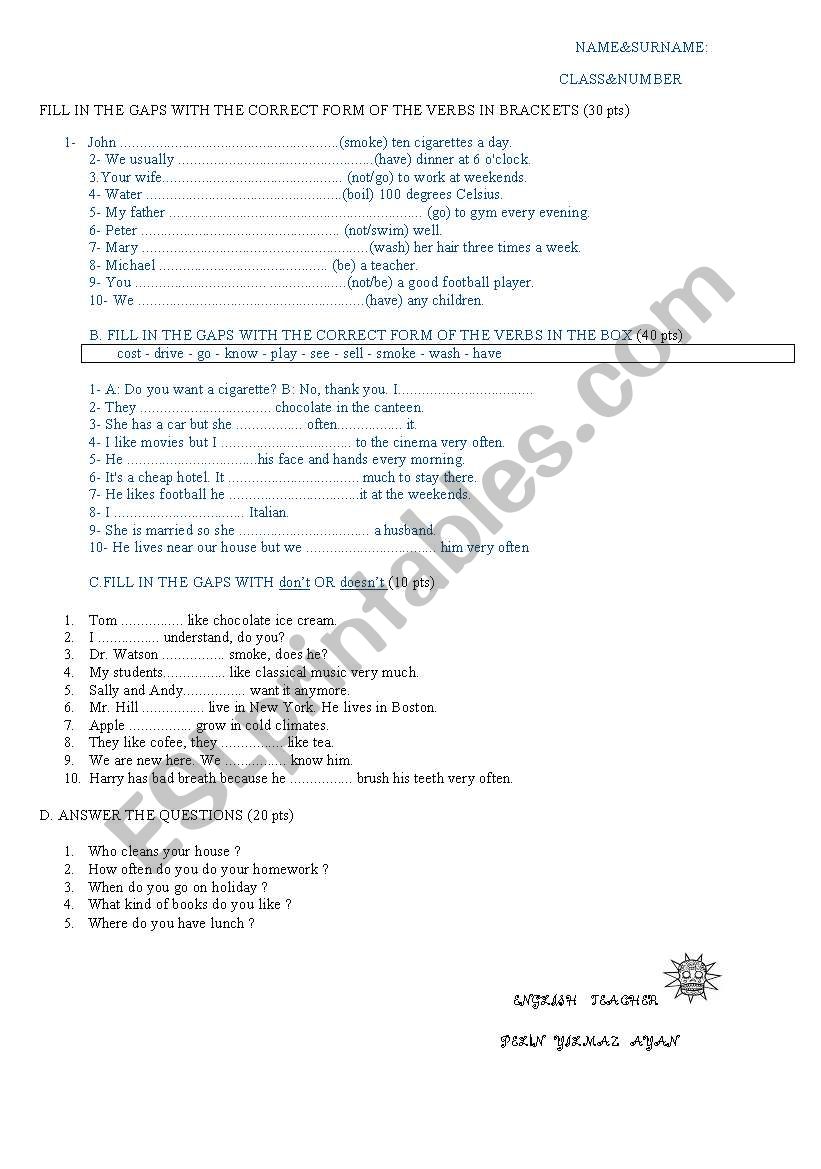 presen simple worksheet