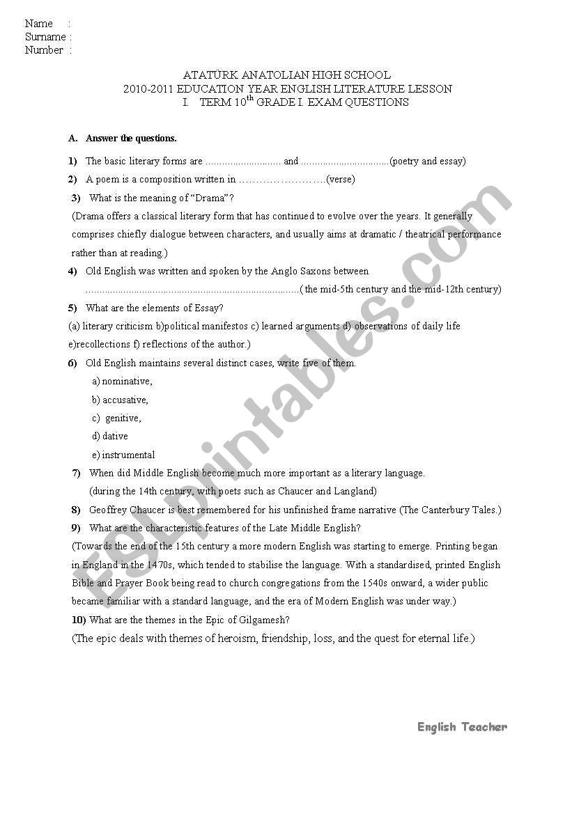 English Literature exam worksheet