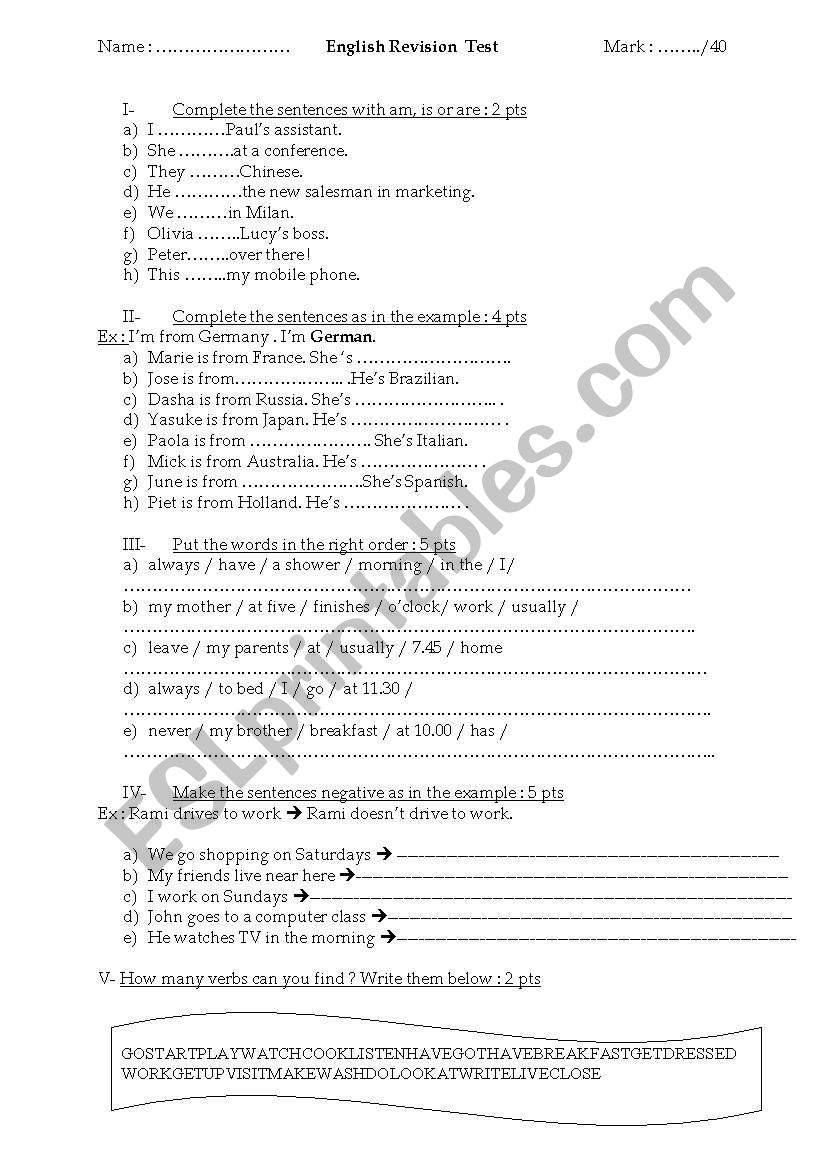 Elementary Test worksheet