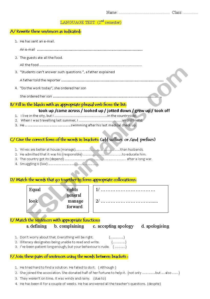 Language test (2nd semester) textbook: Ticket to English