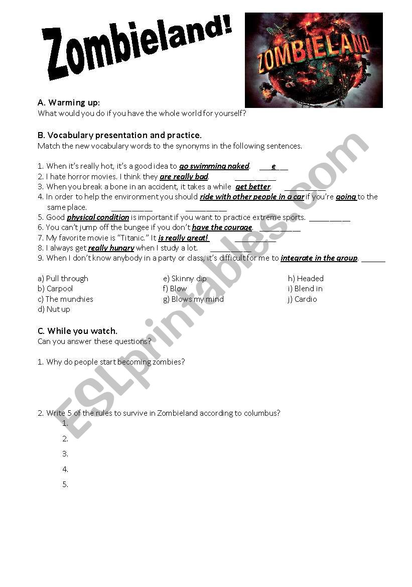 Worksheet for the movie zombieland