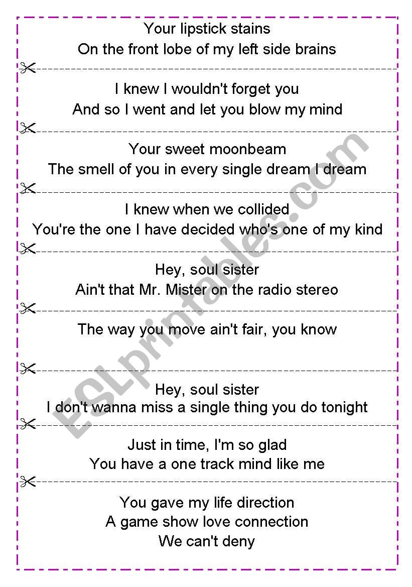 Train - Hey soul sister worksheet