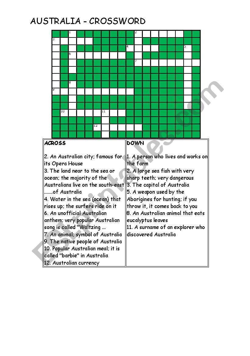 Australia crossword worksheet